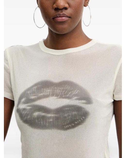 Miss Sixty White Lip-Print Flocked-Texture T-Shirt