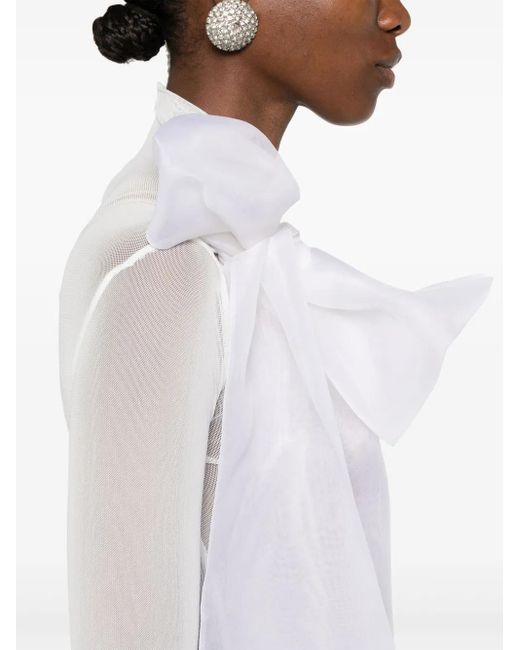 Atu Body Couture White Semi-Sheer Bow-Detail Bodysuit