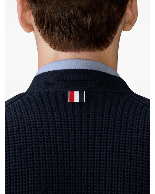 Thom Browne Blue Button-Fastening V-Neck Cotton Cardigan for men