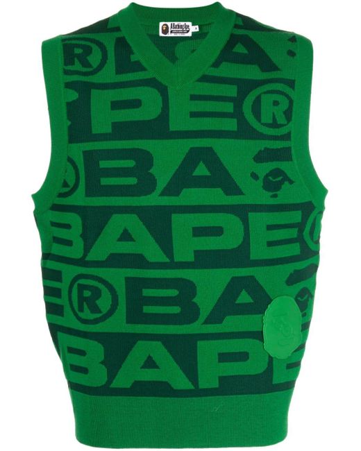 A Bathing Ape Green Logo-intarsia V-neck Vest for men