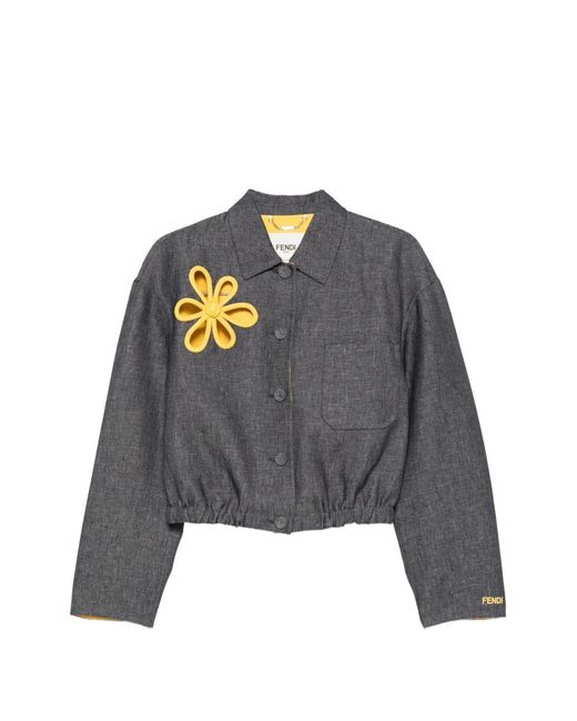 Fendi Gray Flower-Appliqué Cropped Jacket