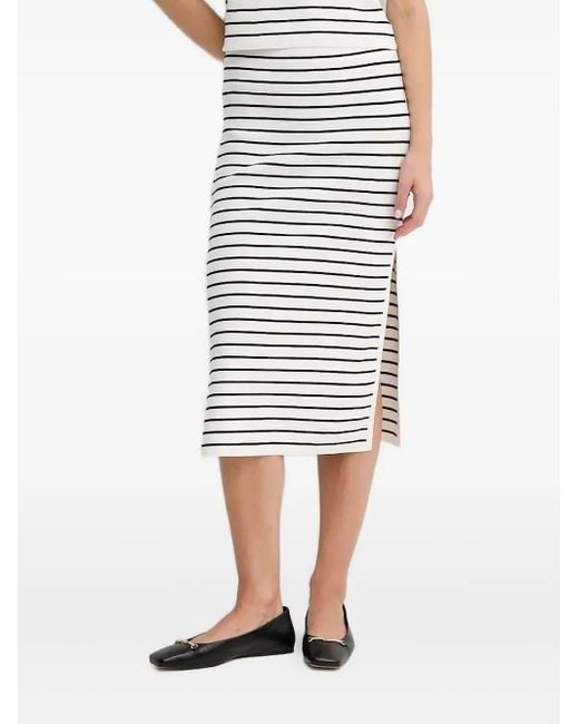 DKNY White Striped Side-Split Midi Skirt
