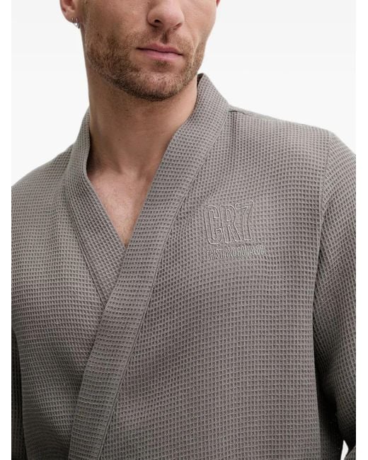 Cristiano Ronaldo CR7 Gray Waffle-Effect Logo-Embroidered Robe for men