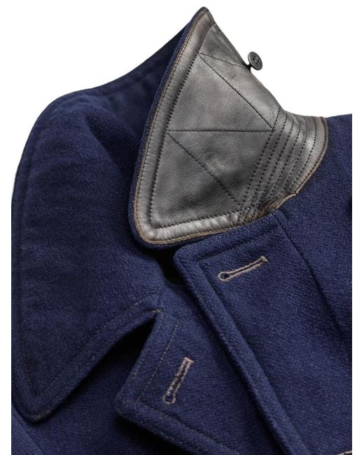 RRL Blue Double-Breasted Leather-Trimmed Coat for men