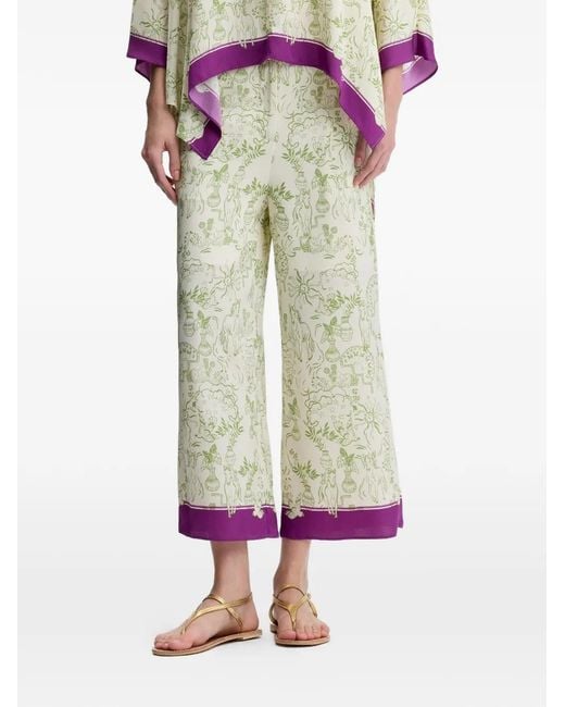 Shanghai Tang White Pantalon Palazzo Imprimé En Soie Mulberry