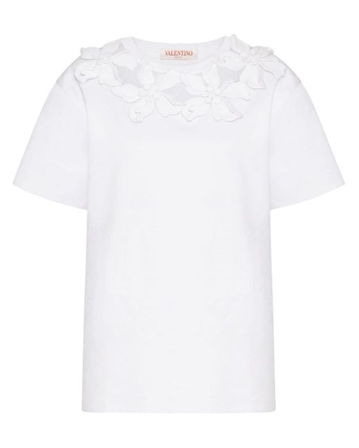 T-shirt en coton à fleurs appliquées Valentino Garavani en coloris White