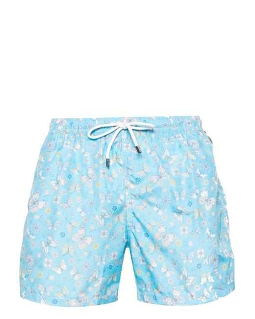 Fedeli Blue Madeira Butterfly-pattern Swim Shorts for men