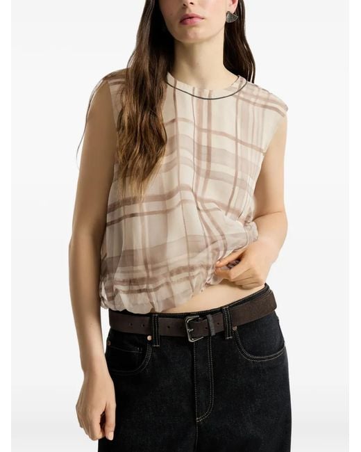 Brunello Cucinelli Natural Macrocheck-Print Organza Blouse