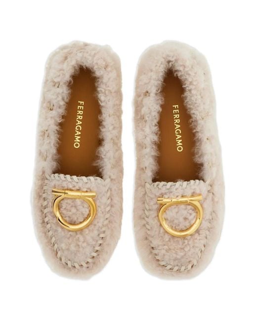 Ferragamo Natural Gancini Shearling Loafers