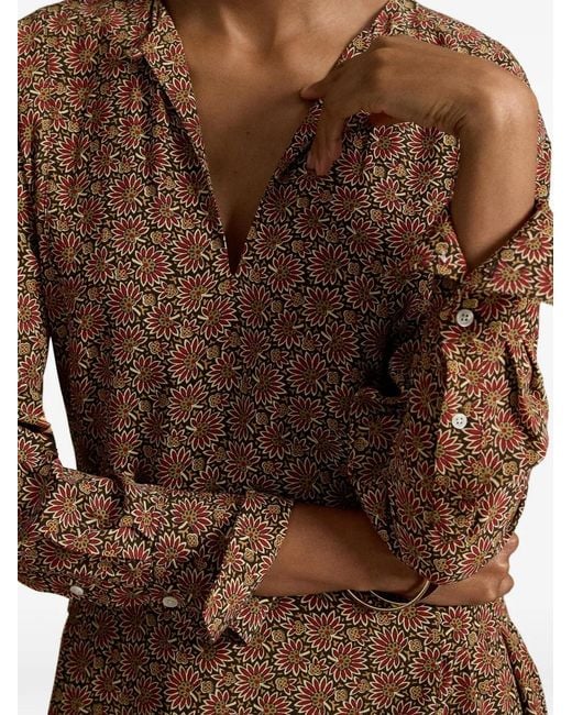 Polo Ralph Lauren Brown Floral-Print Tie-Waist Midi Dress