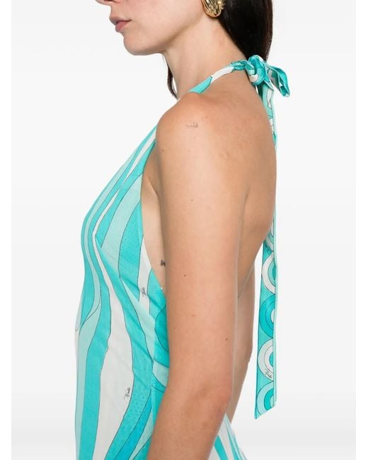 Emilio Pucci Blue Marmo-Print V-Neck Asymmetric Dress