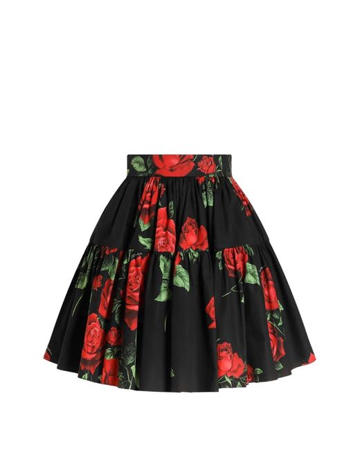 Dolce & Gabbana Red Rose-Print Poplin Skirt