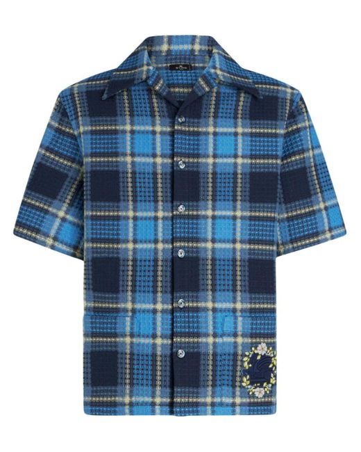 Etro Blue Pegaso-embroidered Checked Shirt for men
