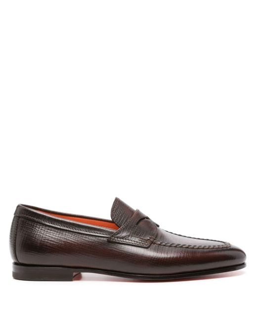 Santoni Brown Textured Leather Loafers for men