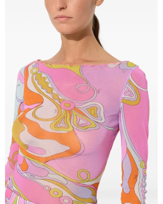 Emilio Pucci Pink Iride-Print Mesh Long-Sleeve Top