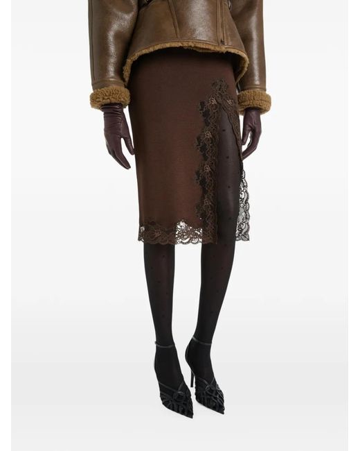 Balmain Brown Knit Midi Skirt With Lace