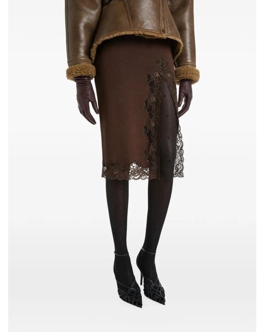 Balmain Brown Knit Midi Skirt With Lace