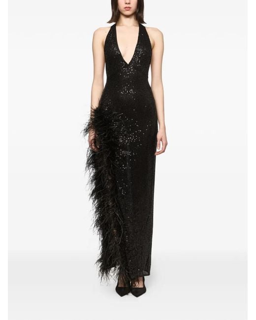 Atu Body Couture Black Feather-Trimmed Sequined Maxi Dress