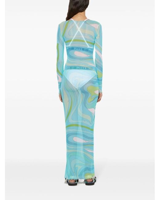 Emilio Pucci Blue Marmo-print Mesh Maxi Dress