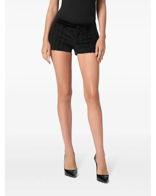 Philipp Plein Black Monogram-Pattern Velvet Mini Shorts