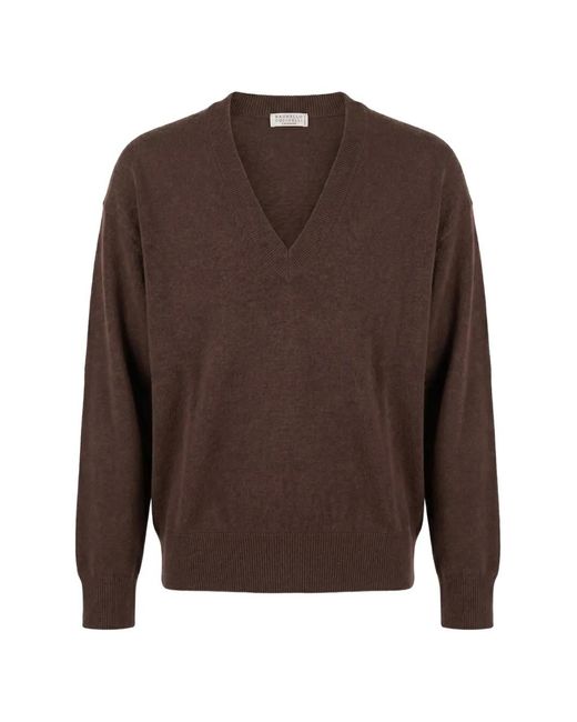 Brunello Cucinelli Brown V-Neck Cashmere Sweater