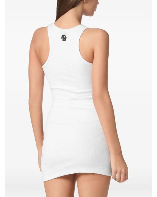 Philipp Plein White Jersey Rib Short Dress Fringe