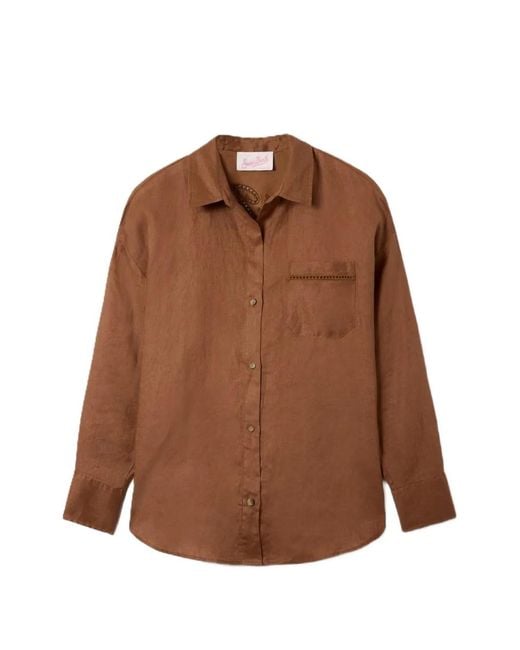Mc2 Saint Barth Brown Linen Cristal Shirt With Perforated Embroidery