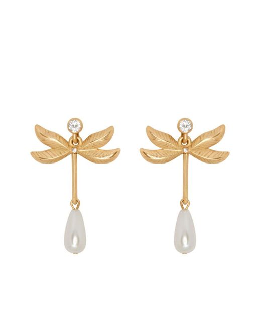 Oscar de la Renta White Dragonfly Pearl Drop Earrings