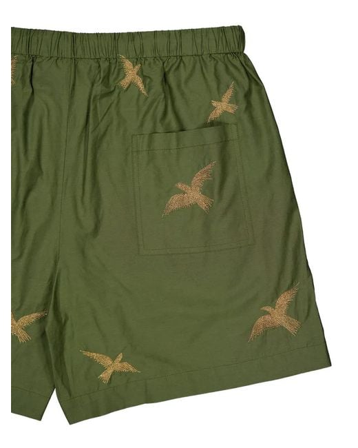 BAZISZT Green Embroidered-Bird Shorts for men