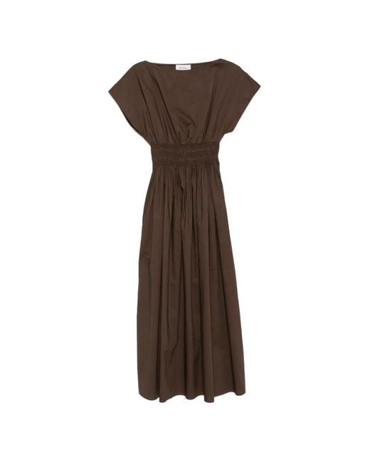 Matteau Brown Shirred-Waist Midi Dress
