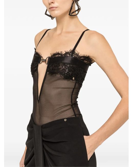 Nissa Black Lace-Trimmed Tulle Bodysuit