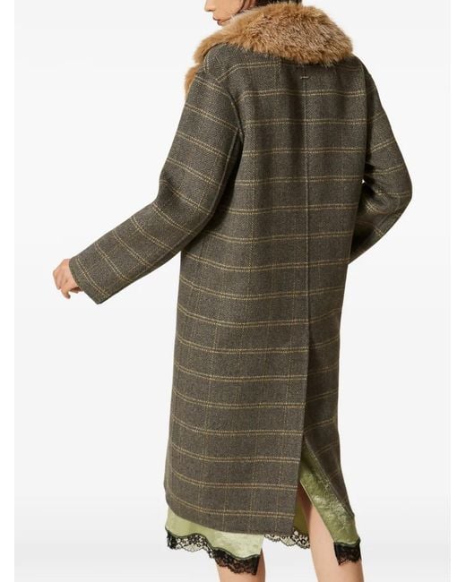 Twinset Gray Chequered Double Wool Coat With Faux-Fur