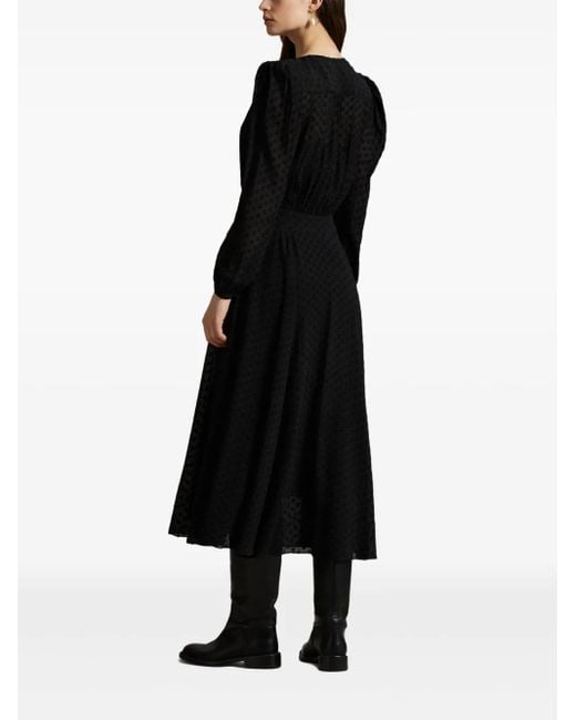 Polo Ralph Lauren Black Polka-Dot Puff-Sleeve Midi Dress