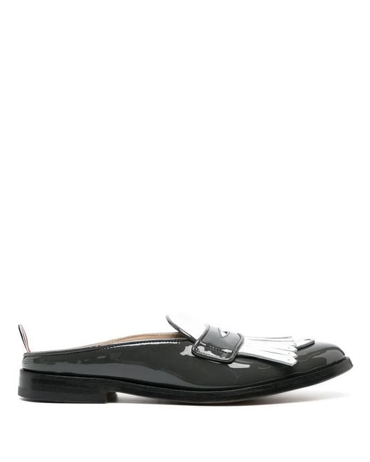 Thom Browne Black Fringe-Detail Patent-Leather Mule Loafers