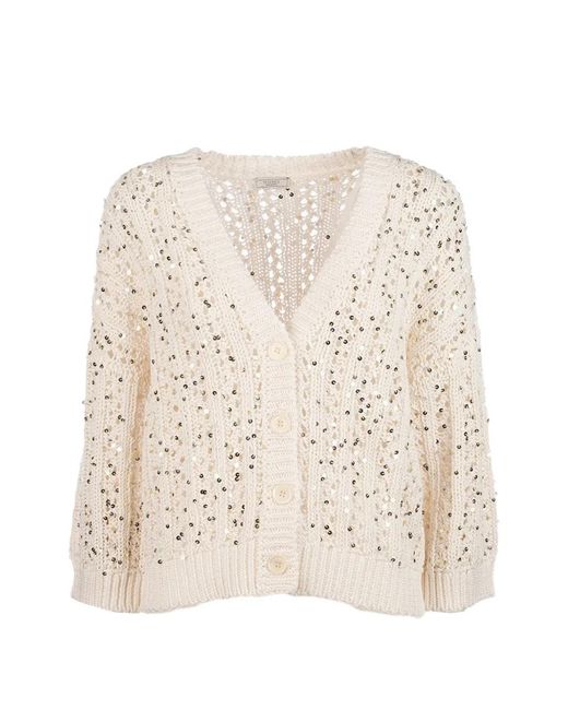 Peserico Natural Sequin-Embellished Open-Knit Cardigan