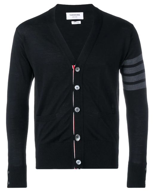 Thom Browne Black Merino Wool 4-Bar Classic V-Neck Cardigan for men