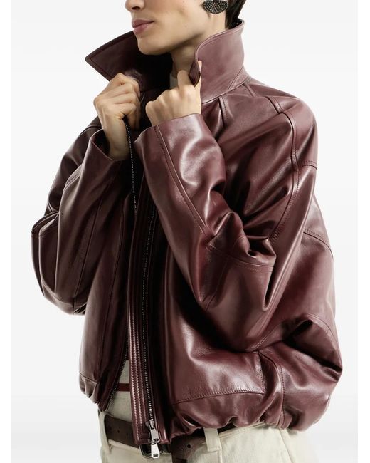 Brunello Cucinelli Purple Nappa-Leather Outerwear Jacket With Drawstring And Monili