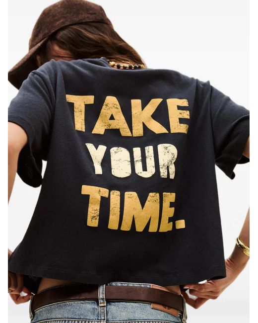 Ba&sh Blue Slogan-Print Cropped T-Shirt