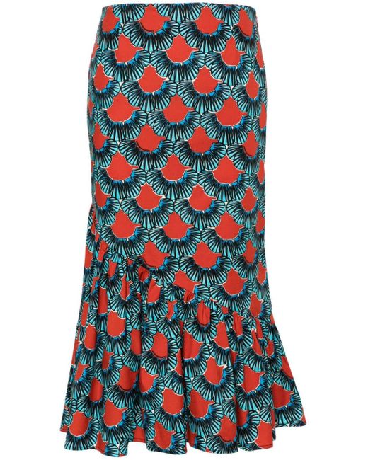 ALESSANDRO ENRIQUEZ Red Abstract-pattern Poplin Midi Skirt