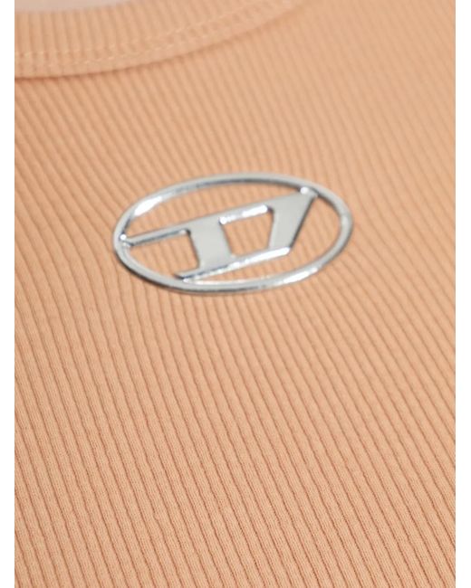 DIESEL Natural T-Ele-Long-Od Logo-Plaque Ribbed T-Shirt
