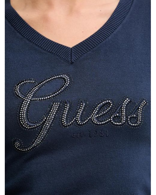 Guess Blue Crystal-Embellished Logo-Print Sweater