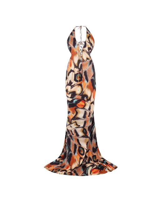 Roberto Cavalli White Butterfly-Print Lace-Up Maxi Dress