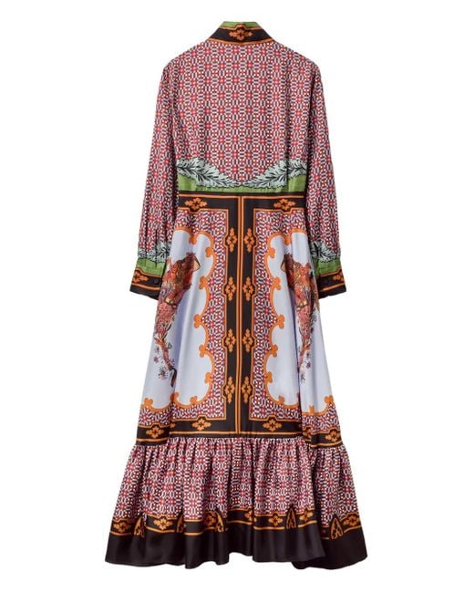 LaDoubleJ Red Long-Sleeved Patterned Silk Midi Day Dress