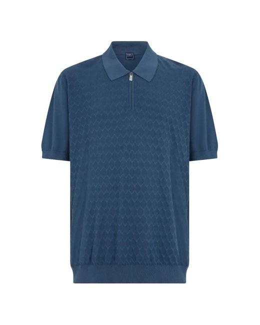Fedeli Blue Geometric-Patterned Zip-Fastening Polo Shirt for men