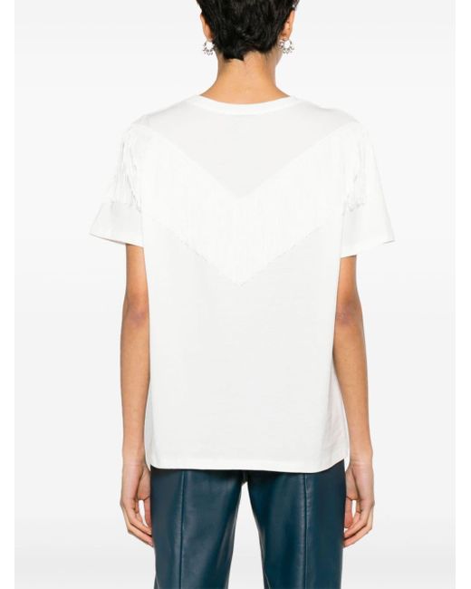 Pinko White Under World Cotton T-Shirt With Fringes