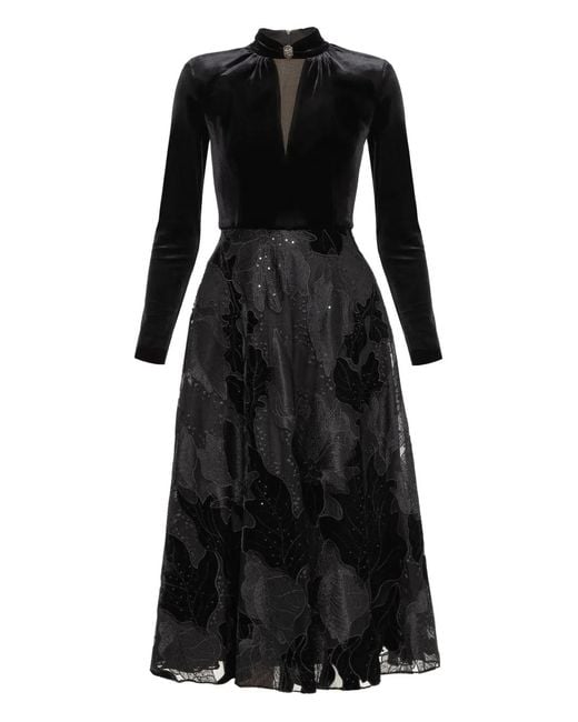 Nissa Black Embroidered Velvet Midi Dress