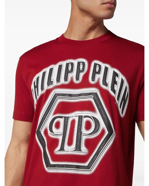 Philipp Plein Red Logo-Print Cotton T-Shirt for men