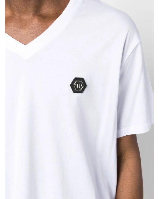 Philipp Plein White Gothic Plein V-Neck T-Shirt for men
