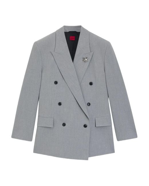 HUGO Gray Double-Breasted Flower Brooch Blazer