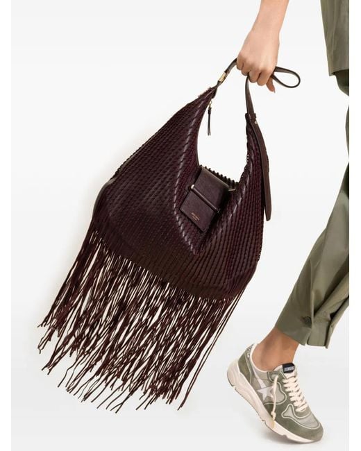 Jimmy Choo Brown Medium Bar Fringe-Trimmed Shoulder Bag
